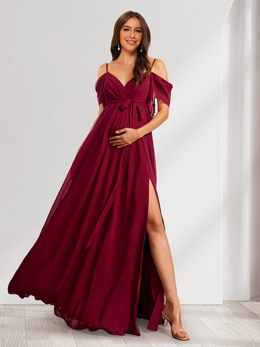 A-Line/Princess Spaghetti Straps Floor-Length Baby Shower Bridesmaid Dresses with Bow & Pleats