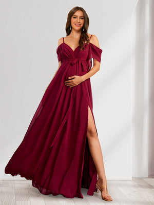 A-Line/Princess Spaghetti Straps Floor-Length Baby Shower Bridesmaid Dresses with Bow & Pleats