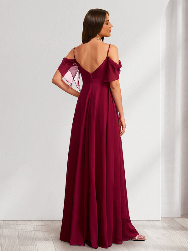 A-Line/Princess Spaghetti Straps Floor-Length Baby Shower Bridesmaid Dresses with Bow & Pleats