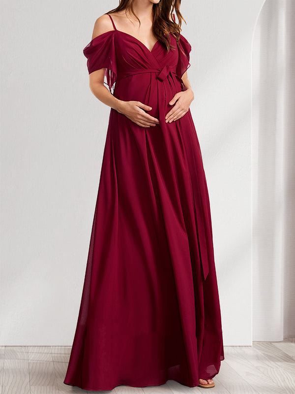 A-Line/Princess Spaghetti Straps Floor-Length Baby Shower Bridesmaid Dresses with Bow & Pleats