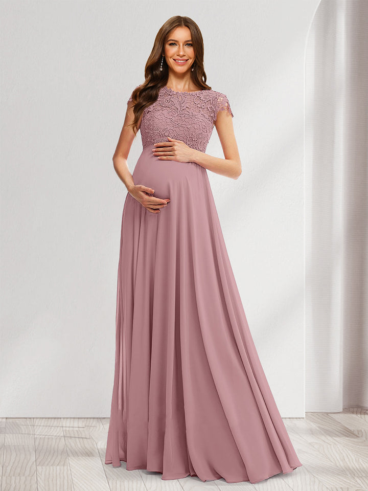 A-Line/Princess Round Neck Long Maternity Bridesmaid Dresses with Lace Appliques