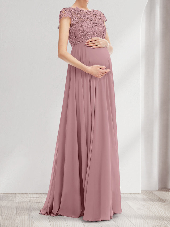 A-Line/Princess Round Neck Long Maternity Bridesmaid Dresses with Lace Appliques