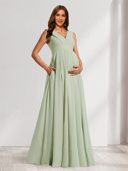 A-Line/Princess V-Neck Ruched Chiffon Maternity Dresses with Pleats & Side Slit