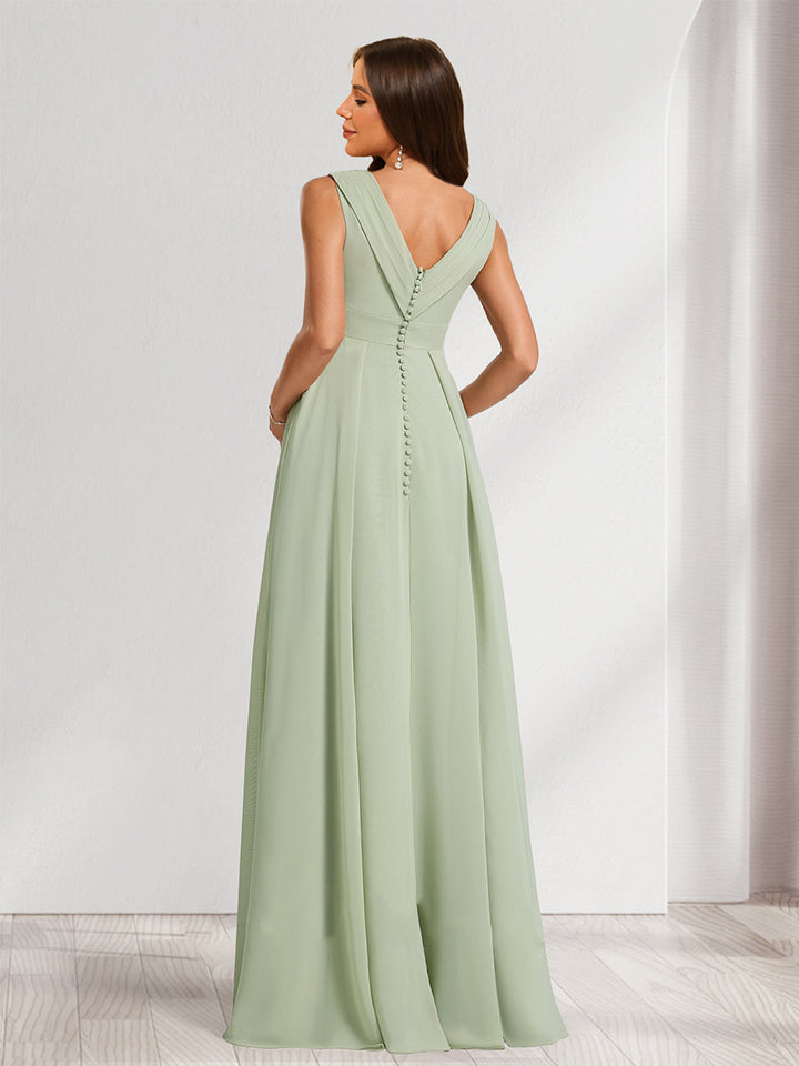 A-Line/Princess V-Neck Ruched Chiffon Maternity Bridesmaid Dresses with Pleats &amp; Side Slit