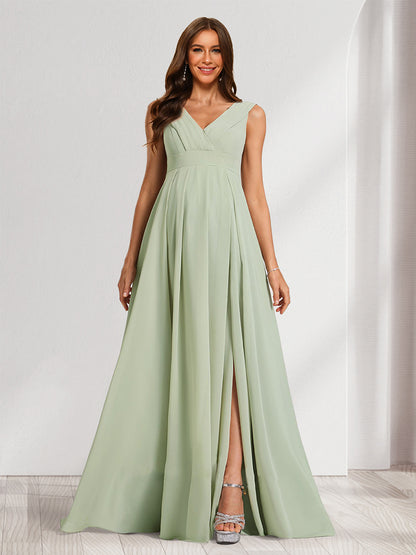 A-Line/Princess V-Neck Ruched Chiffon Maternity Dresses with Pleats & Side Slit