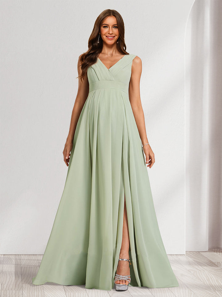 A-Line/Princess V-Neck Ruched Chiffon Maternity Bridesmaid Dresses with Pleats &amp; Side Slit