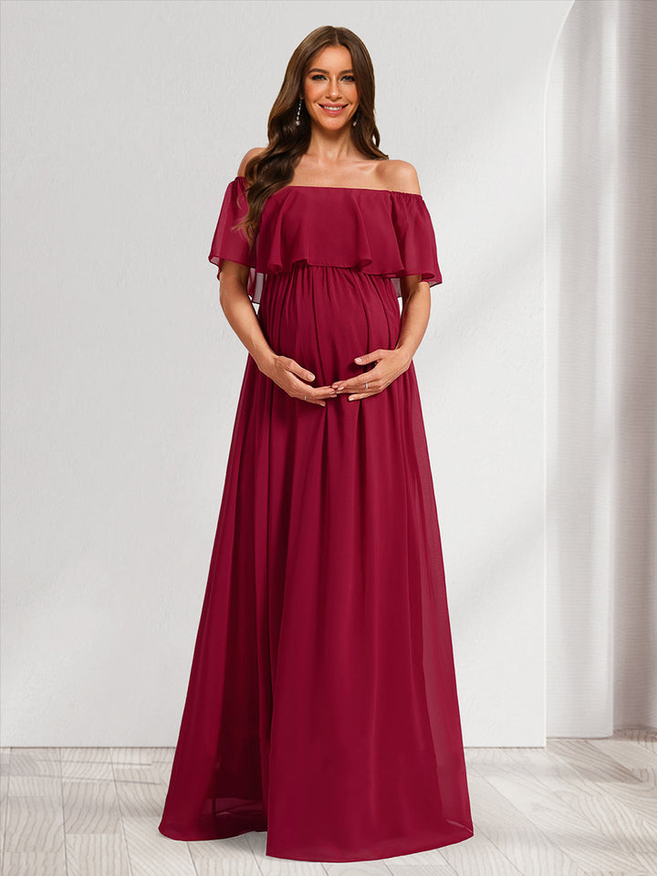 A-Line/Princess Off-the-Shoulder Ruched Long Maternity Bridesmaid Dresses with Ruffles