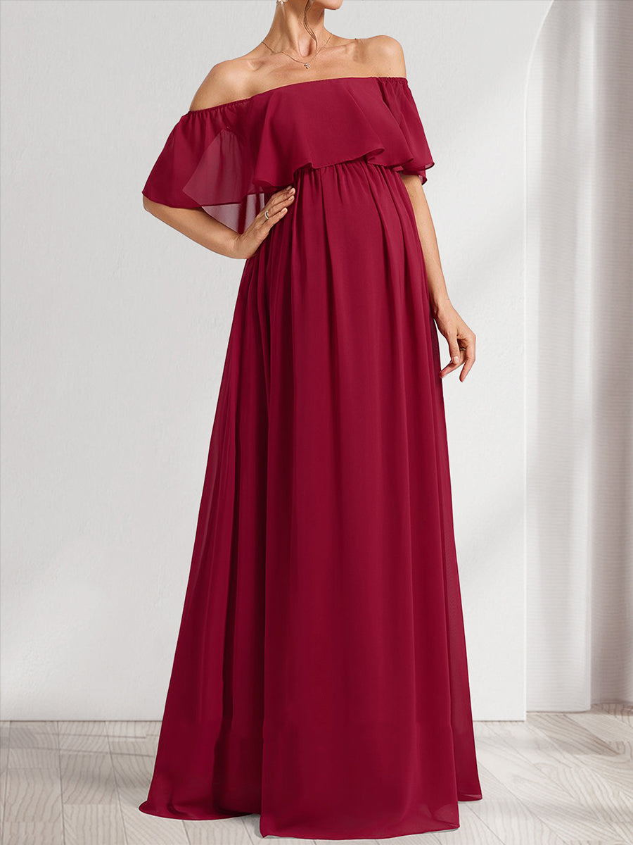 A-Line/Princess Off-the-Shoulder Ruched Long Maternity Bridesmaid Dresses with Ruffles