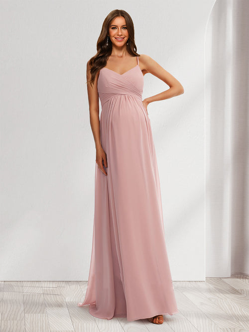 A-Line/Princess Spaghetti Straps Sleeveless Ruched Long Elegant Baby Shower Bridesmaid Dresses