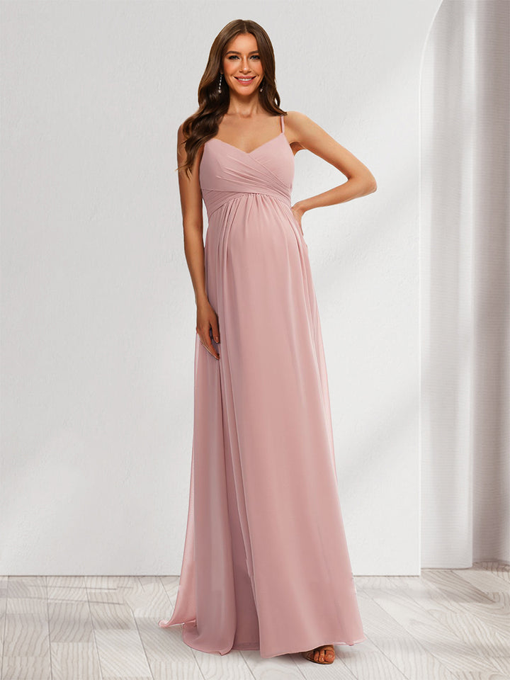 A-Line/Princess Spaghetti Straps Sleeveless Ruched Long Elegant Maternity Bridesmaid Dresses