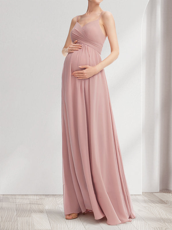 A-Line/Princess Spaghetti Straps Sleeveless Ruched Long Elegant Baby Shower Bridesmaid Dresses