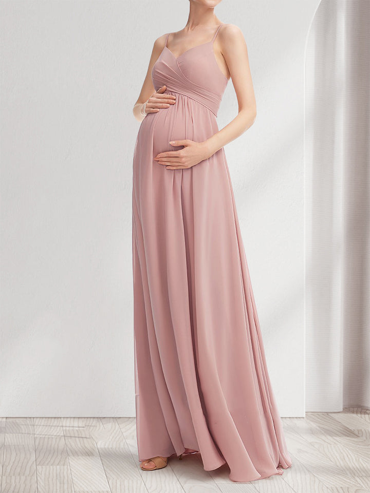A-Line/Princess Spaghetti Straps Sleeveless Ruched Long Elegant Maternity Bridesmaid Dresses
