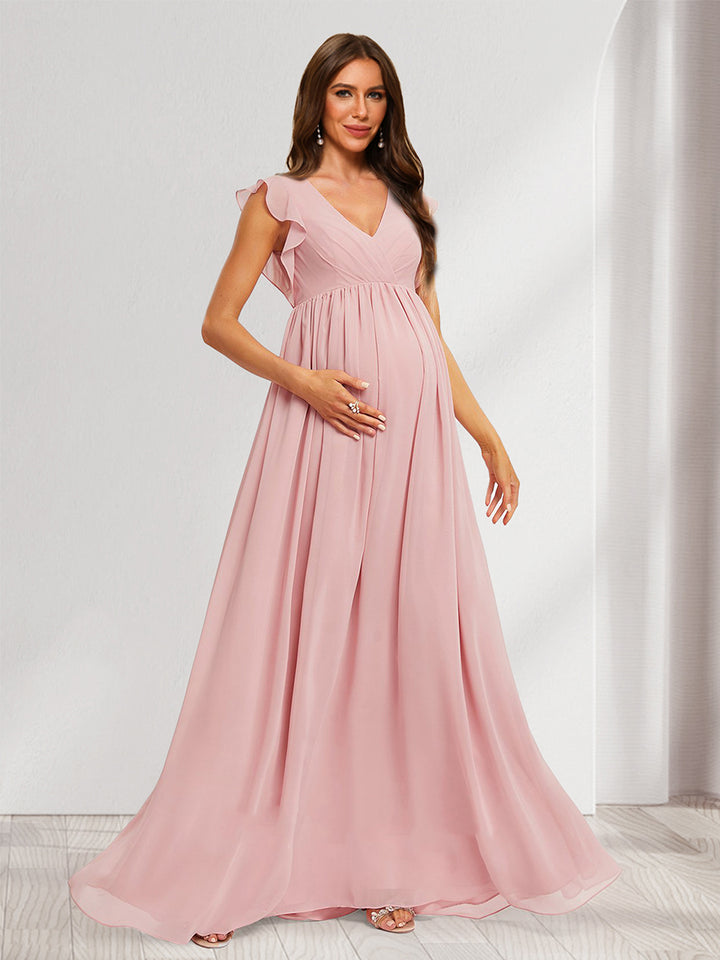 A-Line/Princess V-Neck Flutter Sleeves Ruched Long Maternity Bridesmaid Dresses with Pleats
