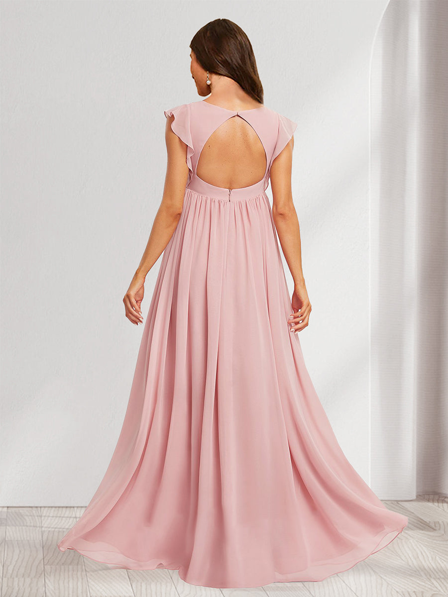 A-Line/Princess V-Neck Flutter Sleeves Ruched Long Maternity Bridesmaid Dresses with Pleats