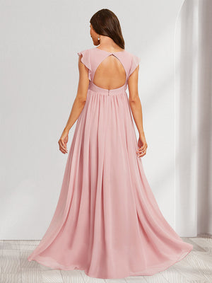 A-Line/Princess V-Neck Flutter Sleeves Ruched Long Baby Shower Bridesmaid Dresses with Pleats