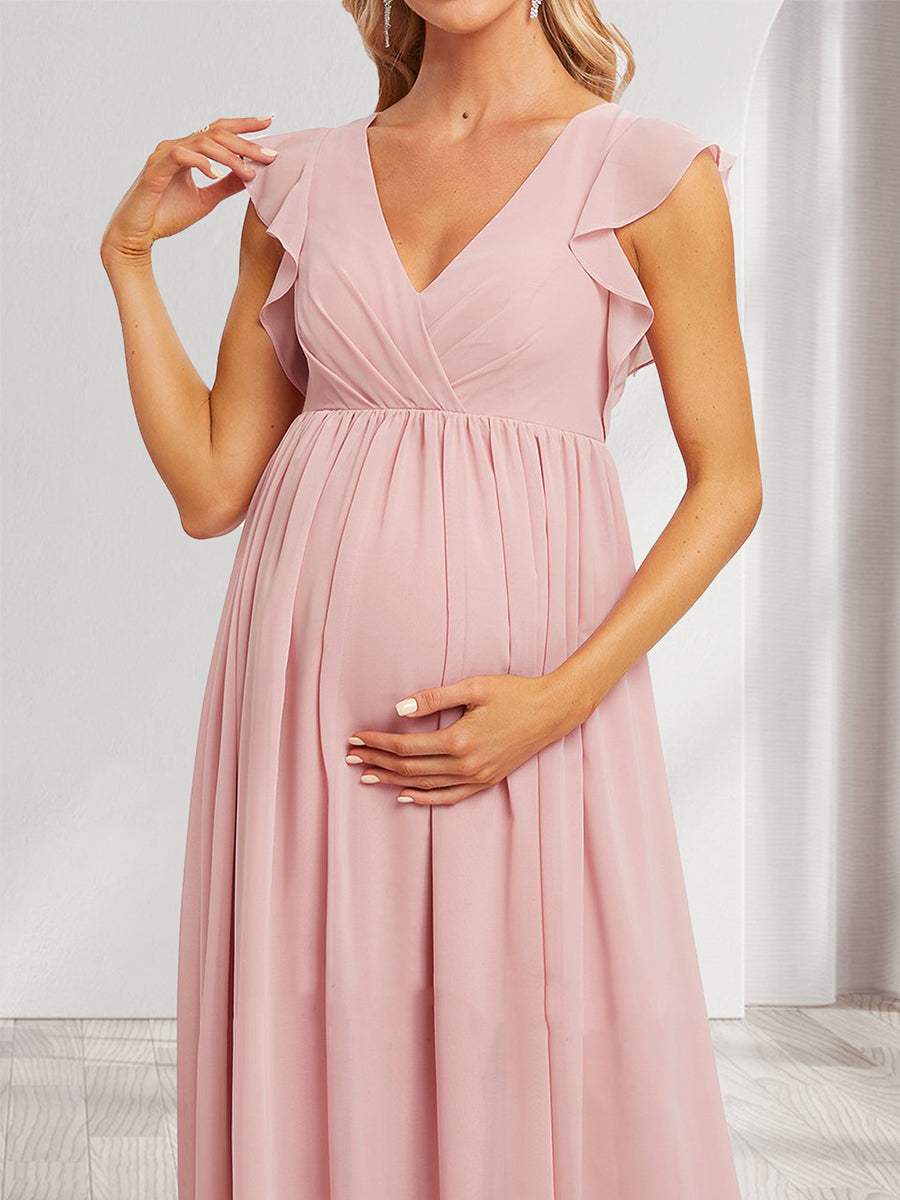 A-Line/Princess V-Neck Flutter Sleeves Ruched Long Maternity Bridesmaid Dresses with Pleats