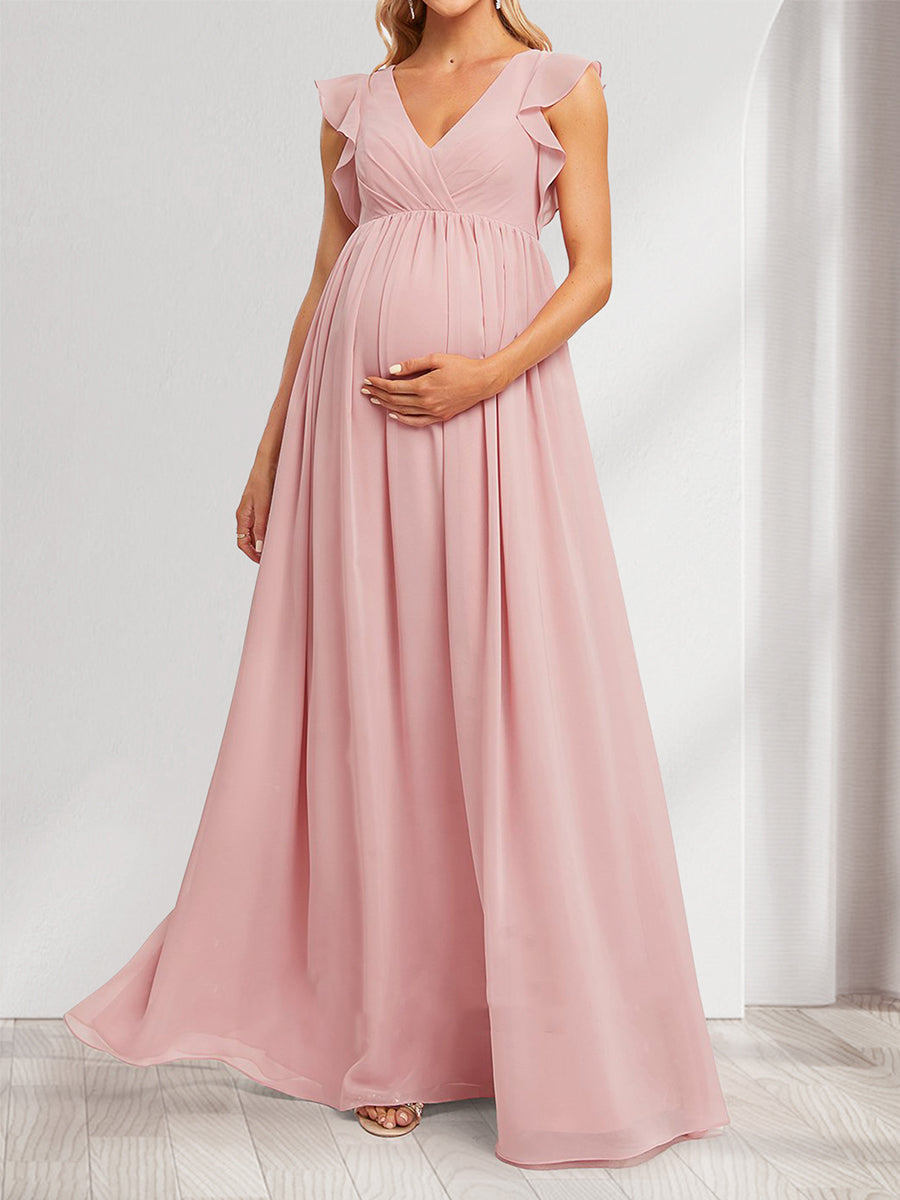 A-Line/Princess V-Neck Flutter Sleeves Ruched Long Maternity Bridesmaid Dresses with Pleats