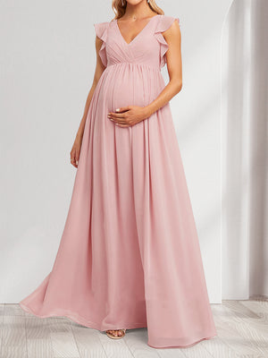 A-Line/Princess V-Neck Flutter Sleeves Ruched Long Baby Shower Bridesmaid Dresses with Pleats