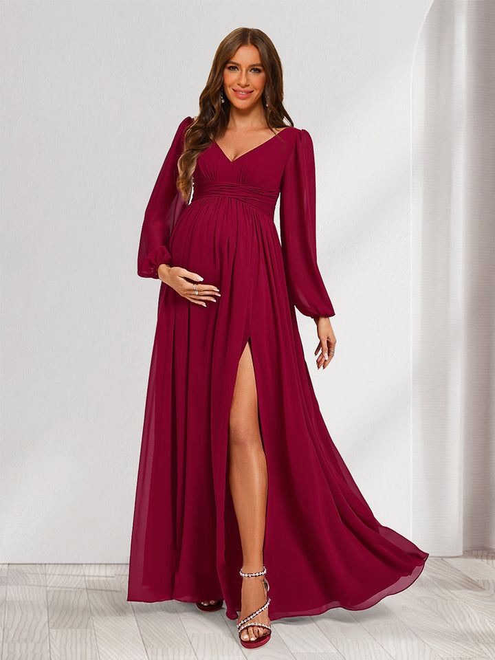 A-Line/Princess V-Neck Long Sleeves Ruched Maternity Bridesmaid Dresses with Split Side