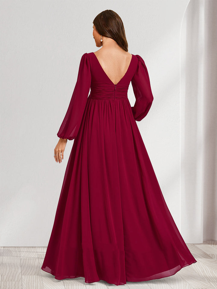 A-Line/Princess V-Neck Long Sleeves Ruched Maternity Bridesmaid Dresses with Split Side