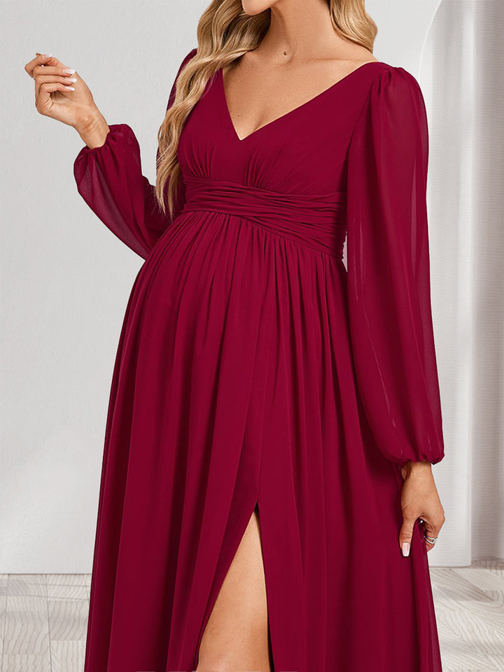 A-Line/Princess V-Neck Long Sleeves Ruched Maternity Bridesmaid Dresses with Split Side