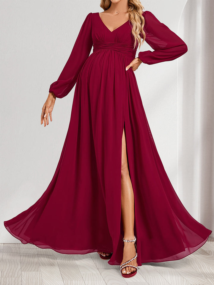 A-Line/Princess V-Neck Long Sleeves Ruched Maternity Bridesmaid Dresses with Split Side