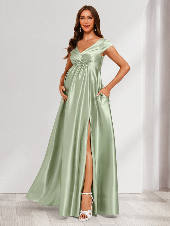 A-Line/Princess V-Neck Cap Sleeves Long Side Slit Maternity Bridesmaid Dresses with Pleats &amp; Pockets