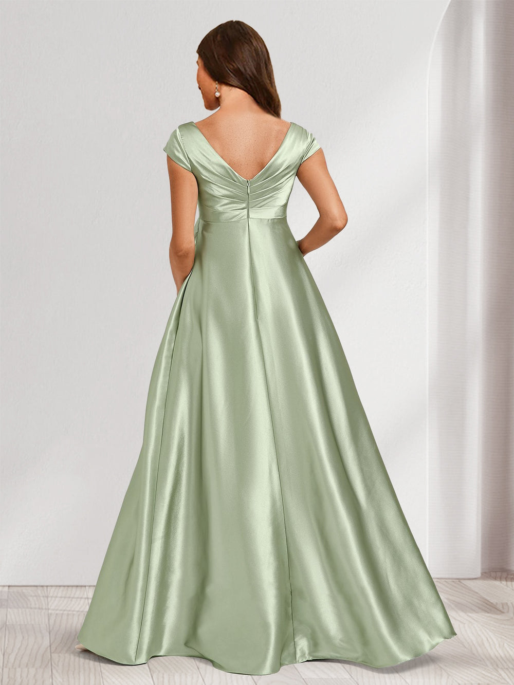 A-Line/Princess V-Neck Cap Sleeves Long Side Slit Baby Shower Bridesmaid Dresses with Pleats & Pockets