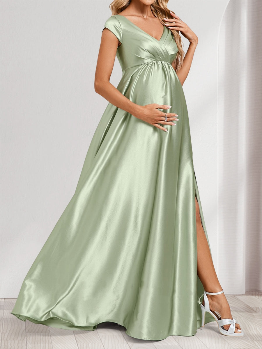 A-Line/Princess V-Neck Cap Sleeves Long Side Slit Maternity Bridesmaid Dresses with Pleats &amp; Pockets