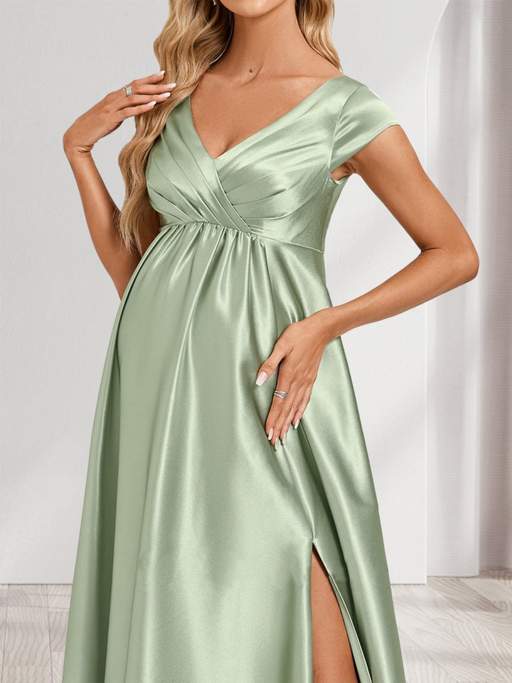 A-Line/Princess V-Neck Cap Sleeves Long Side Slit Maternity Bridesmaid Dresses with Pleats &amp; Pockets