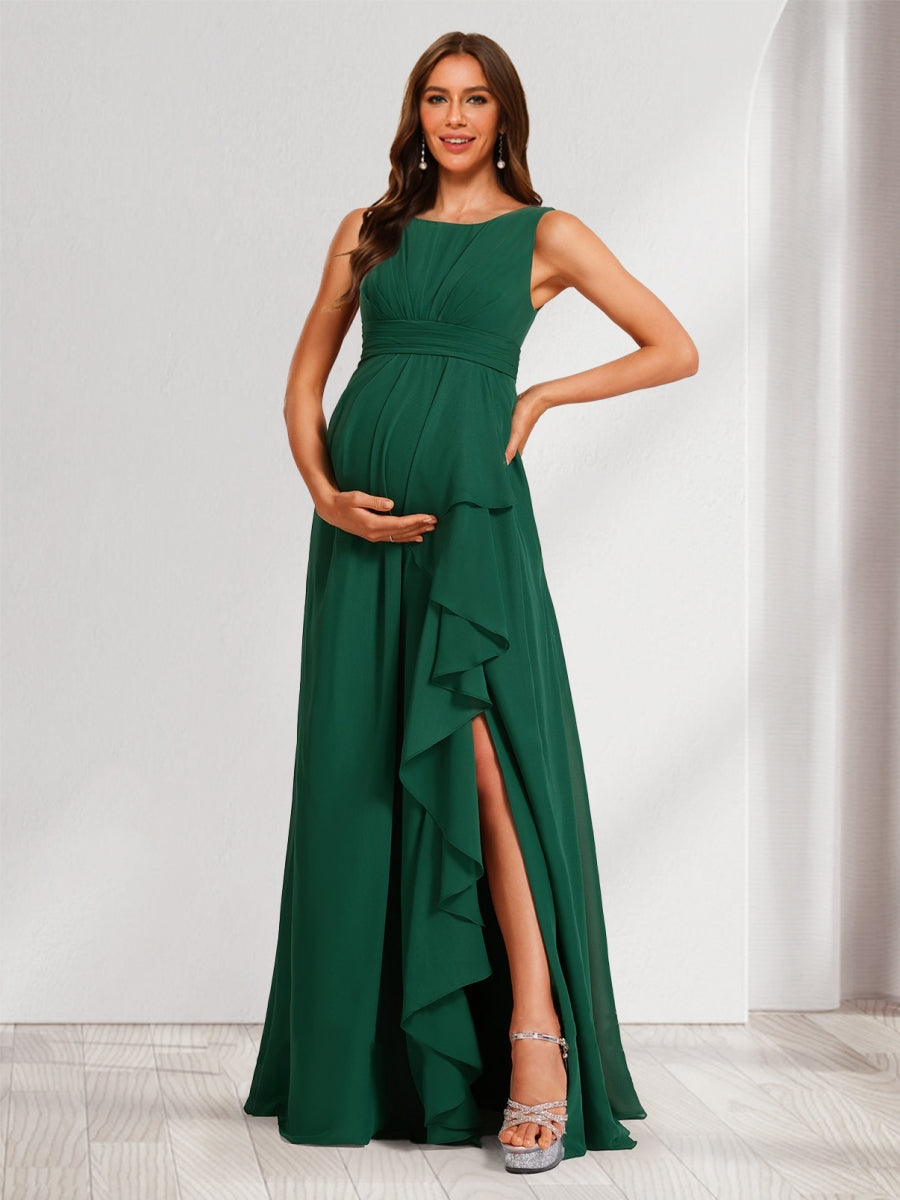 Elegant A-Line/Princess Maternity Dress Scoop Ruched Long Womens Bridesmaid Dresses with Ruffles & Side Slit 2026