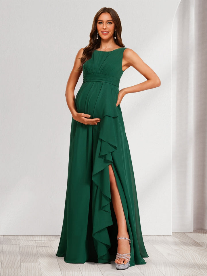 A-Line/Princess Scoop Ruched Floor-Length Maternity Bridesmaid Dresses with Ruffles &amp; Side Slit