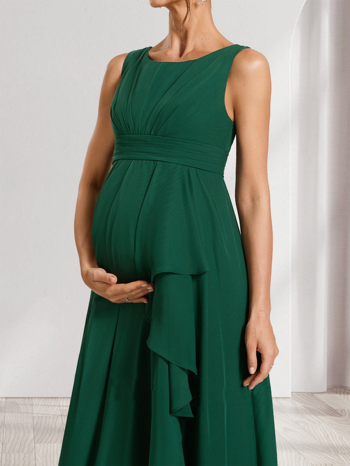 A-Line/Princess Scoop Ruched Floor-Length Maternity Bridesmaid Dresses with Ruffles &amp; Side Slit