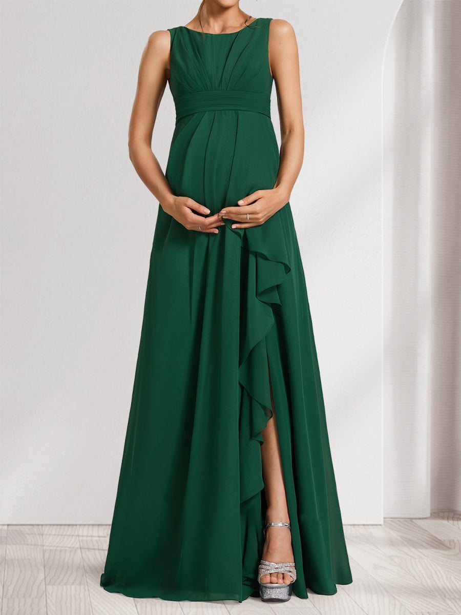 A-Line/Princess Scoop Ruched Floor-Length Baby Shower Bridesmaid Dresses with Ruffles & Side Slit