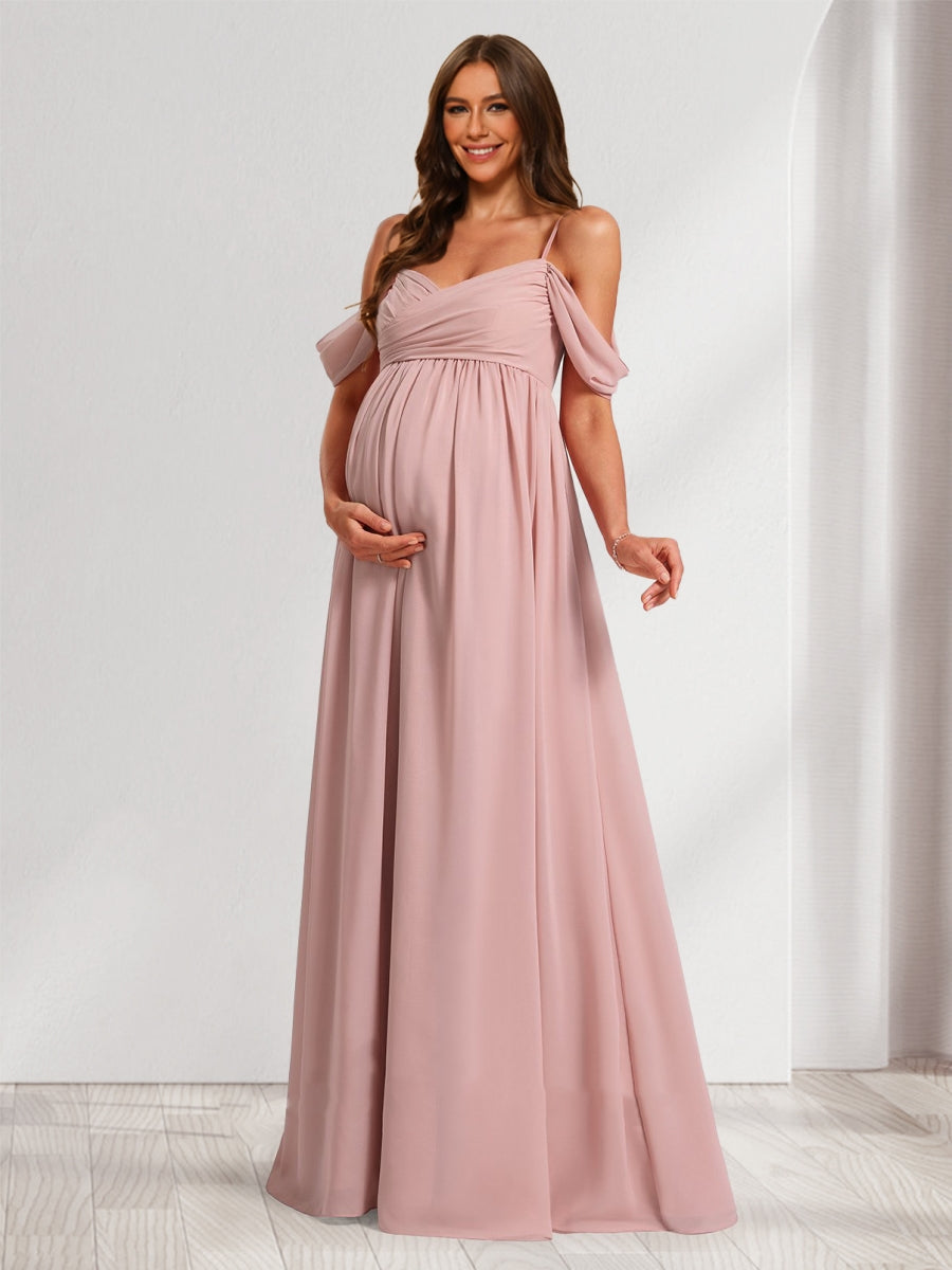 A-Line/Princess Cold Shoulder Chiffon Ruched Maternity Bridesmaid Dresses with Pleats