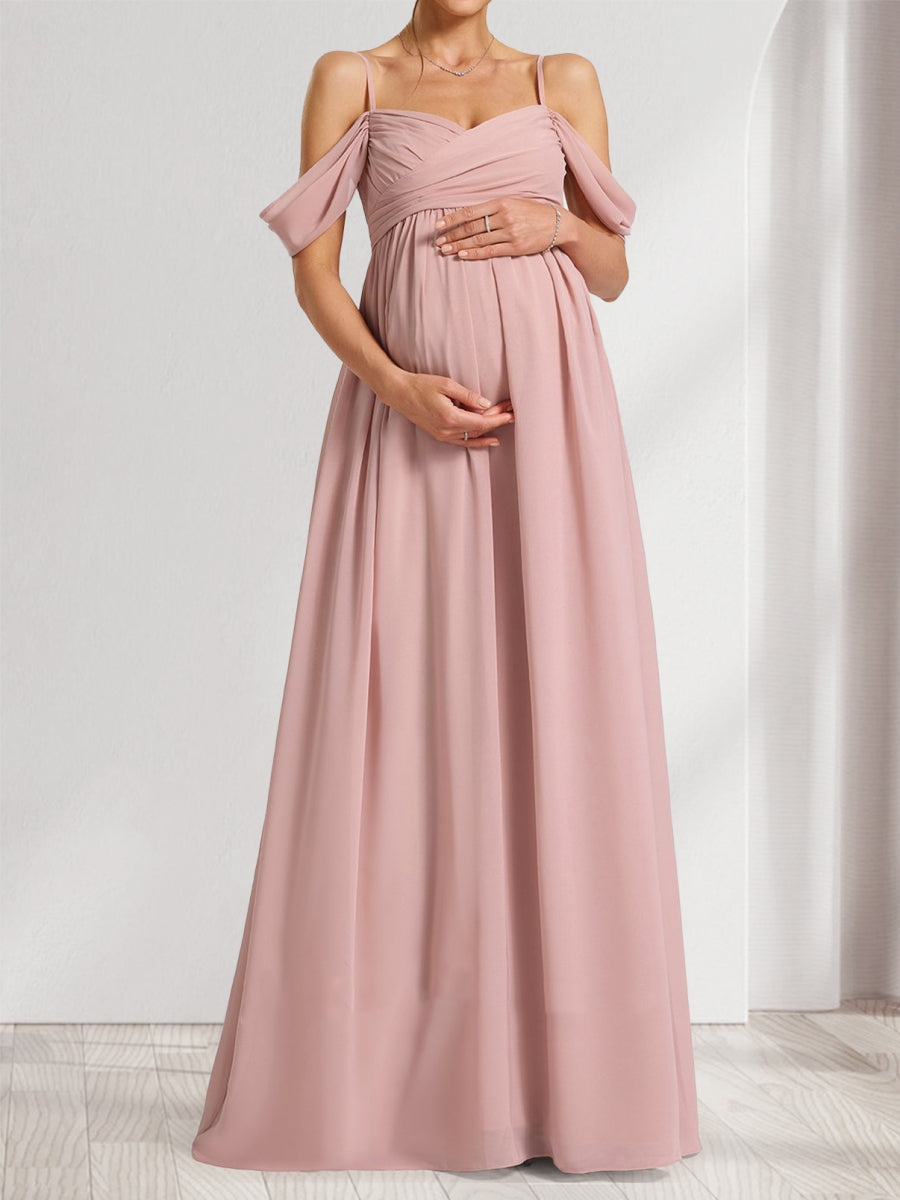 A-Line/Princess Cold Shoulder Chiffon Ruched Maternity Bridesmaid Dresses with Pleats