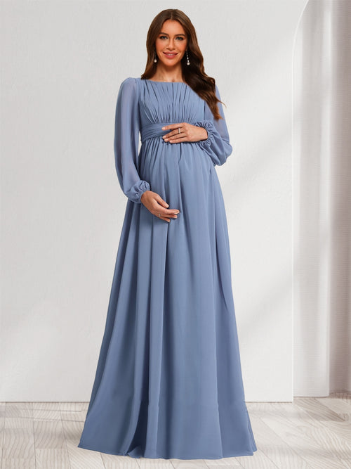 A-Line/Princess Scoop Long Sleeves Ruched Floor-Length Baby Shower Bridesmaid Dresses with Bow