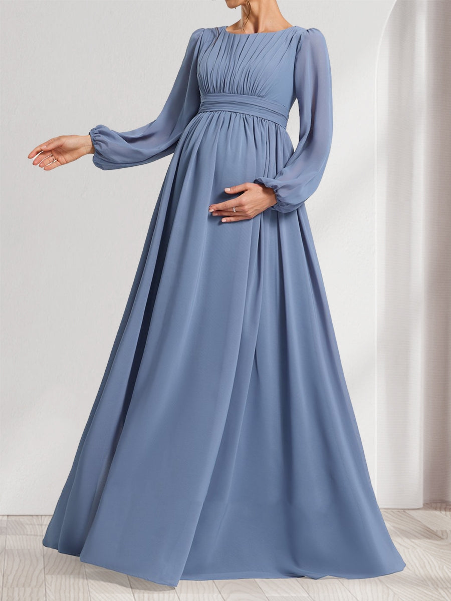 A-Line/Princess Scoop Long Sleeves Ruched Floor-Length Maternity Bridesmaid Dresses with Bow