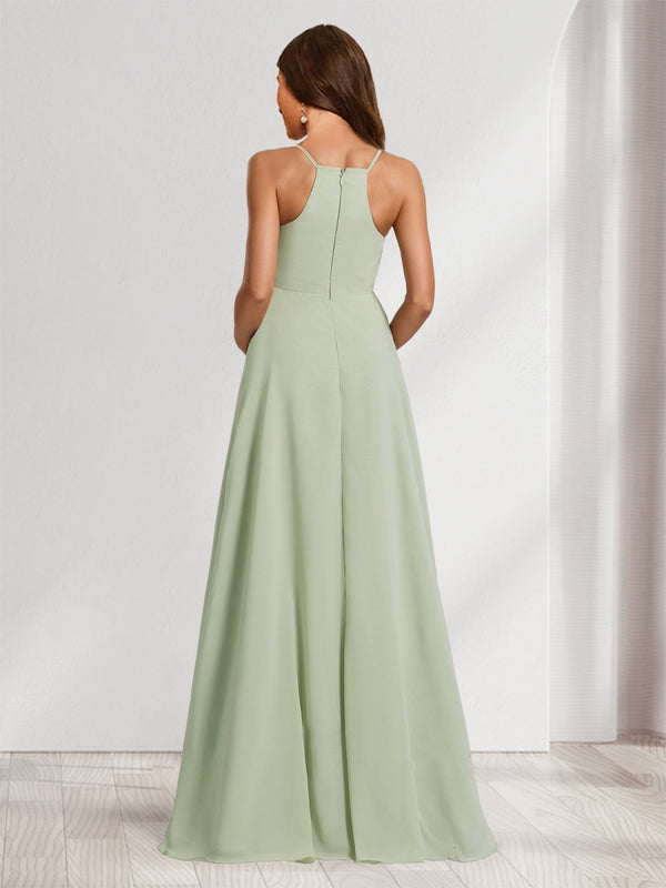 A-Line/Princess Spaghetti Straps Floor-Length Baby Shower Bridesmaid Dresses with Split Side & Pleats