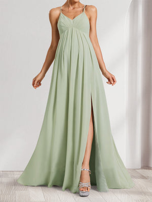 A-Line/Princess Spaghetti Straps Floor-Length Baby Shower Bridesmaid Dresses with Split Side & Pleats