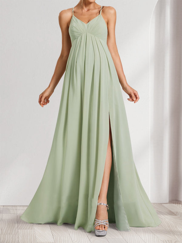 A-Line/Princess Spaghetti Straps Floor-Length Baby Shower Bridesmaid Dresses with Split Side & Pleats
