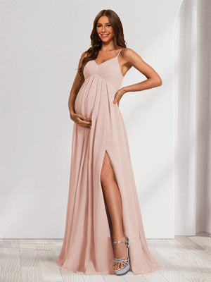 A-Line/Princess Spaghetti Straps Floor-Length Baby Shower Bridesmaid Dresses with Split Side & Pleats