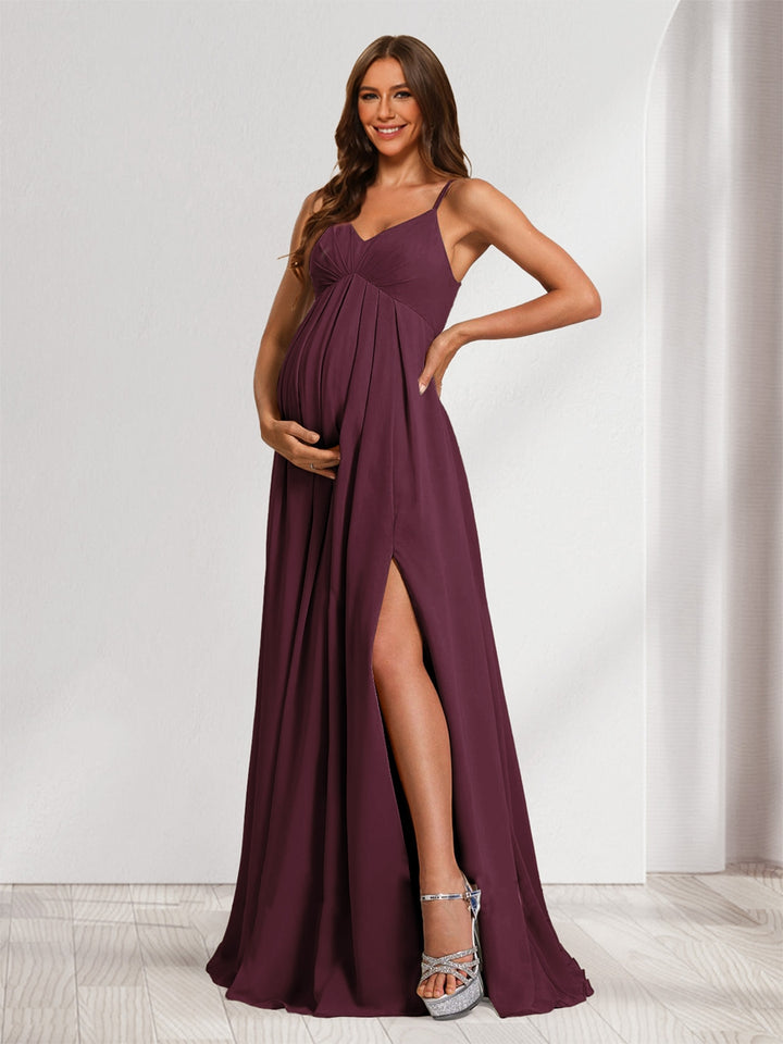 A-Line/Princess Spaghetti Straps Floor-Length Maternity Bridesmaid Dresses with Split Side &amp; Pleats