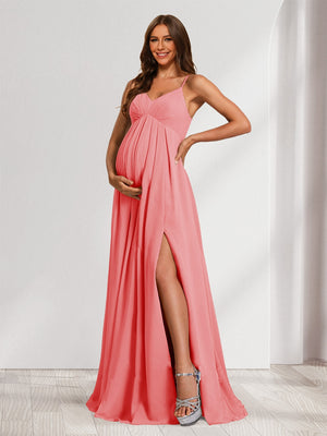 A-Line/Princess Spaghetti Straps Floor-Length Baby Shower Bridesmaid Dresses with Split Side & Pleats