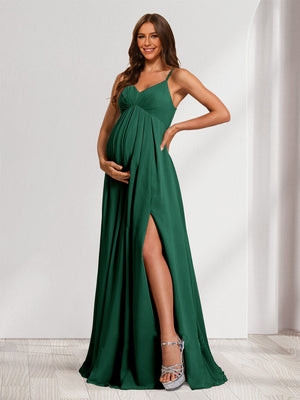 A-Line/Princess Spaghetti Straps Floor-Length Baby Shower Bridesmaid Dresses with Split Side & Pleats