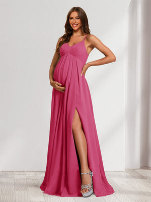 A-Line/Princess Spaghetti Straps Floor-Length Baby Shower Bridesmaid Dresses with Split Side & Pleats