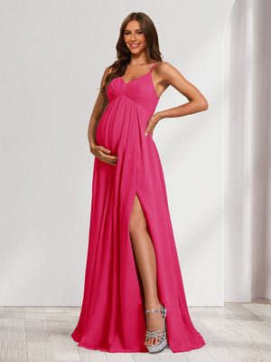 A-Line/Princess Spaghetti Straps Floor-Length Baby Shower Bridesmaid Dresses with Split Side & Pleats