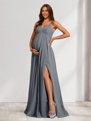 A-Line/Princess Spaghetti Straps Floor-Length Baby Shower Bridesmaid Dresses with Split Side & Pleats