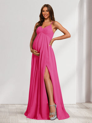 A-Line/Princess Spaghetti Straps Floor-Length Baby Shower Bridesmaid Dresses with Split Side & Pleats