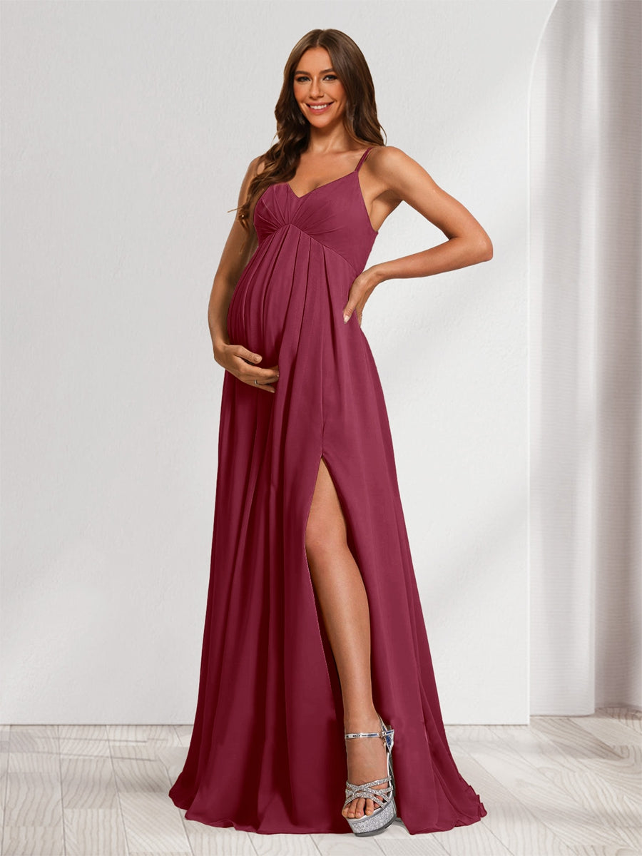A-Line/Princess Spaghetti Straps Floor-Length Maternity Bridesmaid Dresses with Split Side &amp; Pleats